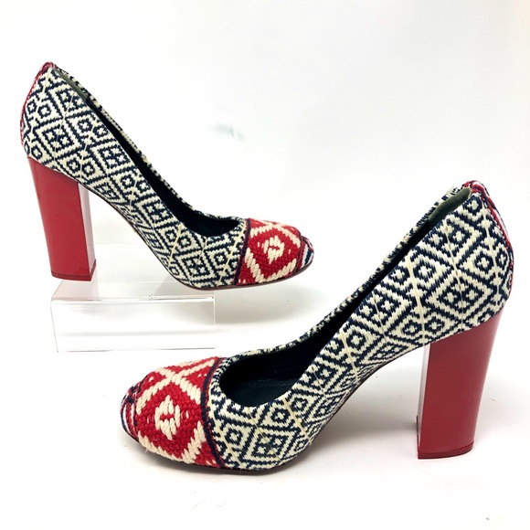 TORY BURCH Dara Woven Pump Heels Shoes - Red Black Women’s Sz 7.5 RARE EUC - Picture 2 of 9